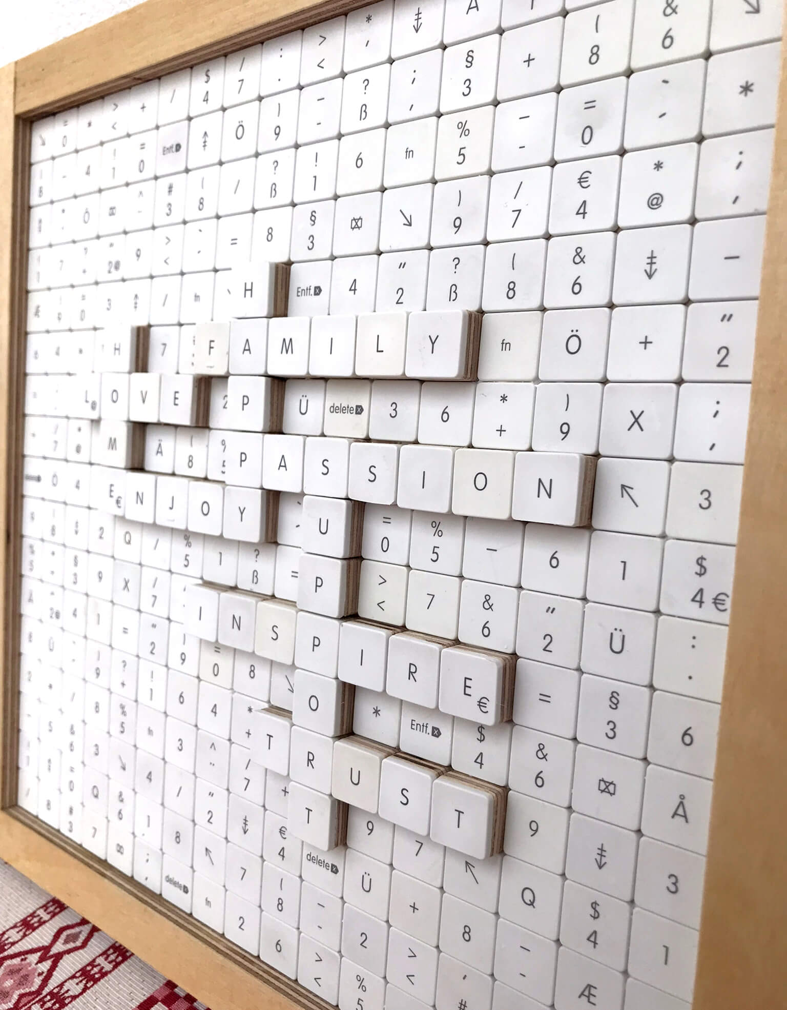 Mosaik aus Tastaturtasten mit hervorgehobenen Wörtern Detailaufnahme